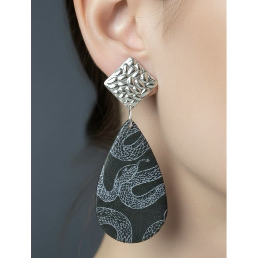Handmade Black Silver Snake Print Polymer Clay Dangle Statement Earrings